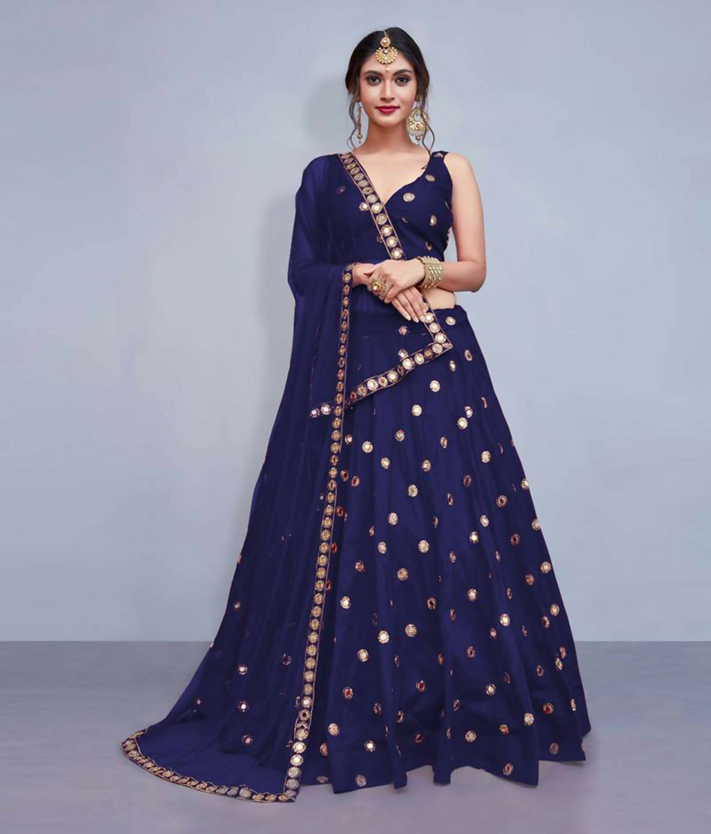 Jyoti Fashion Beautiful Navy Blue Embroidered with Mirror work Art Silk Party Wear Lehenga Choli with Dupatta - Distacart