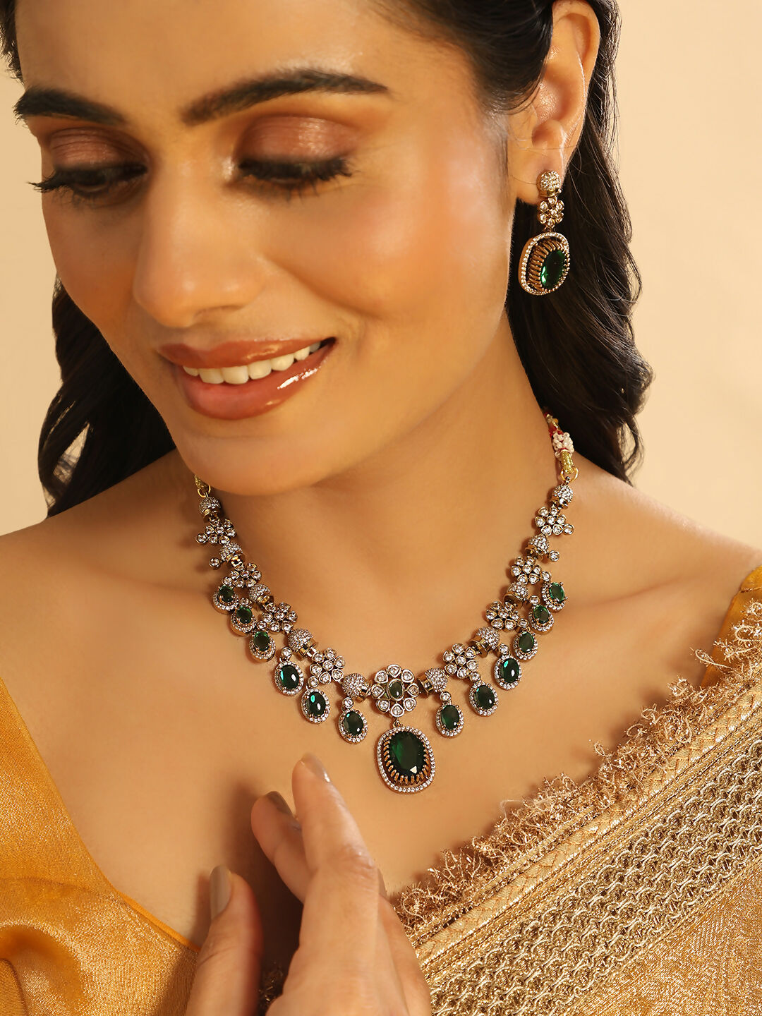 Nuyug 18K Gold Plated Emerald Blossom Necklace Set