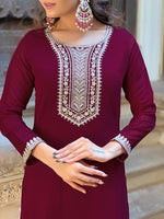 Thumbnail for Divine Drape Women's Vichitra Silk Embroidered Straight Kurta Pant With Dupatta - Wine