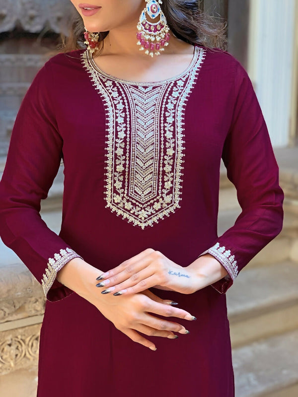 Divine Drape Women's Vichitra Silk Embroidered Straight Kurta Pant With Dupatta - Wine