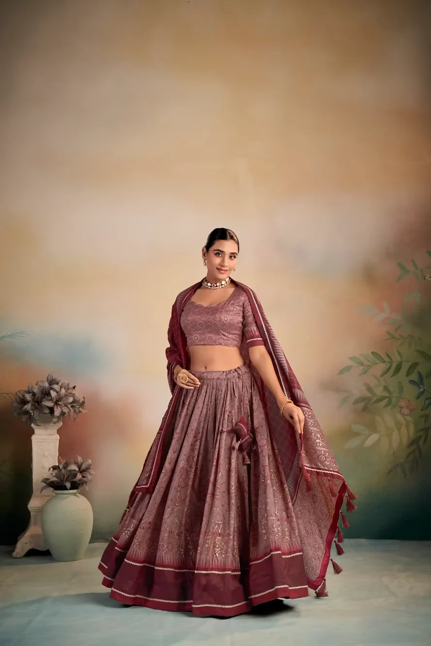 Looknbook Art Tasar Silk Kalamkari Printed Lehenga Choli with Lace Border-Maroon
