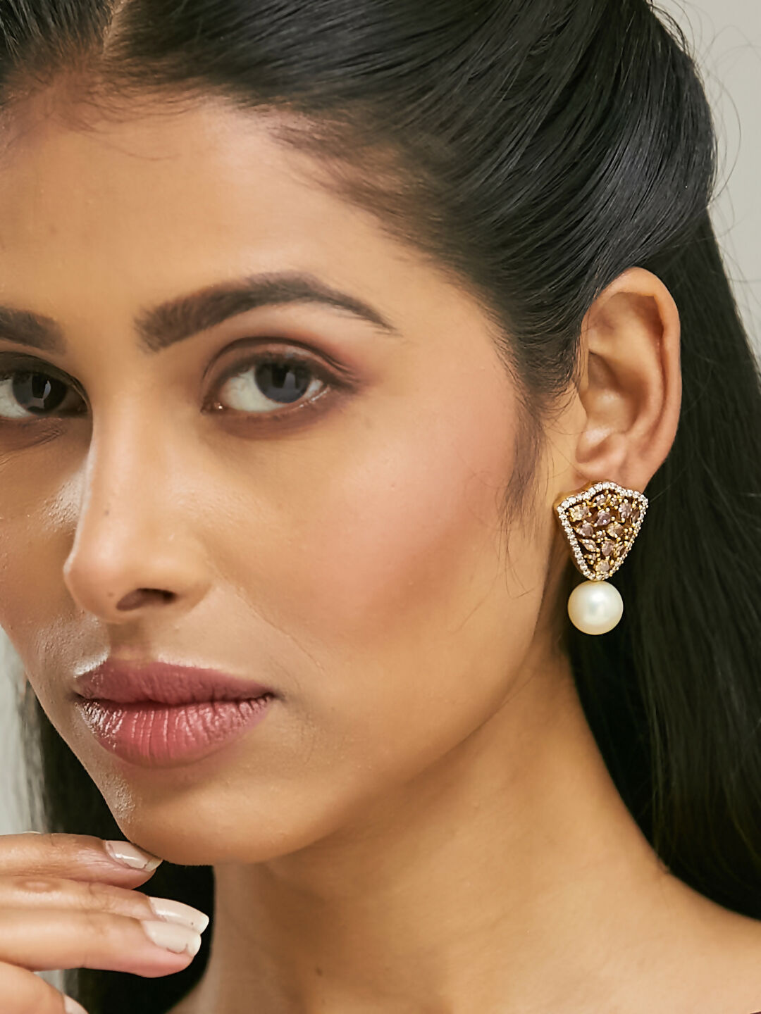 Nuyug 22K Gold-Plated Elegant Zircon Stone Studded & Pearls Drop Stud Earrings