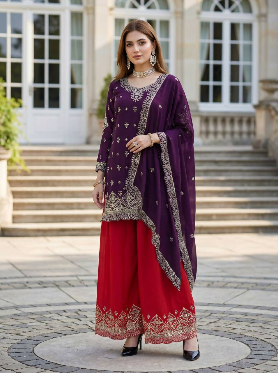 Joban Fashion Purple Silk Embroidered Sharara Set - Distacart