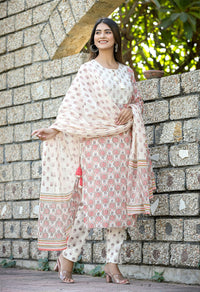 Thumbnail for Kaajh Women's White Cotton Mirror Work Kurta Pant Set With Dupatta - Distacart