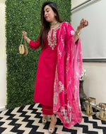 Thumbnail for The52 Rani Women's Beautiful Viscose Chanderi Fabric Embroidered Work Straight Kurta Pant and Dupatta Set - Distacart
