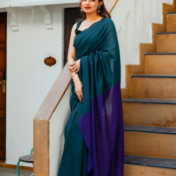 Zibaa Hand-Dyed Mul Cotton Peacock Green Saree with Tassels - Distacart