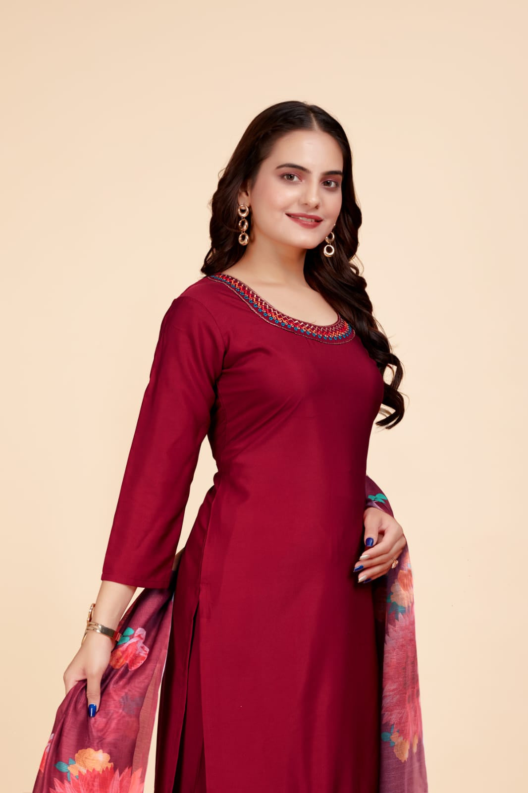 Women's Solid Maroon Kurta Set with Dupatta Set - A2M - Distacart