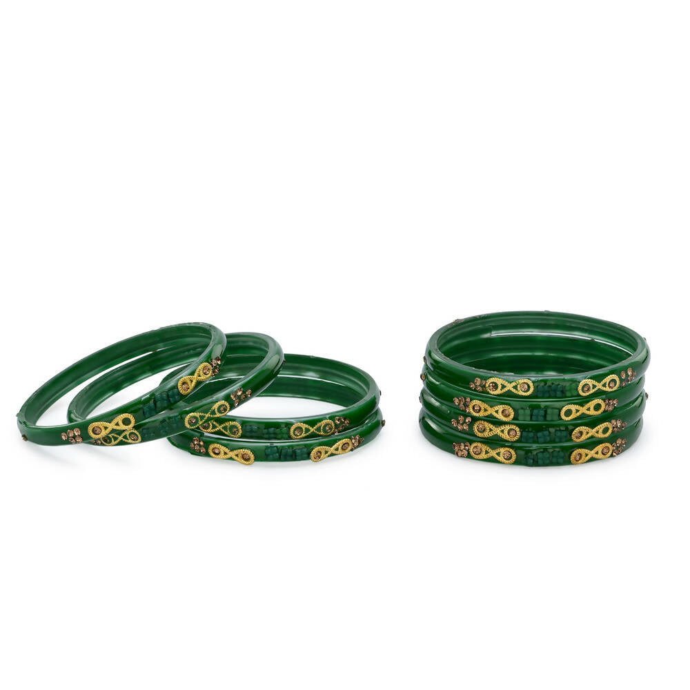 Afast Designer Fancy Party Bangle/ Kada Set, Green, Glass, Pack Of 8 - Distacart