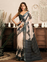 Thumbnail for Joban Fashion White & Grey Ethnic Motifs Linen Ready To Wear Saree With Unstitched Blouse - Distacart