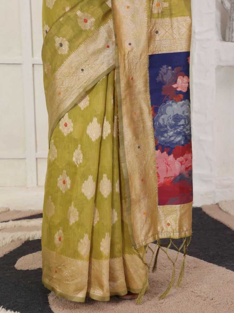Astita Linen Cotton Mhendi Green Saree