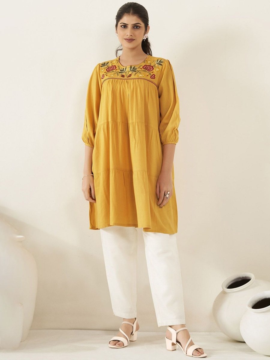 Anouk Yellow Floral Embroidered A-Line Kurta - Distacart