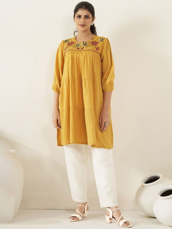 Anouk Yellow Floral Embroidered A-Line Kurta