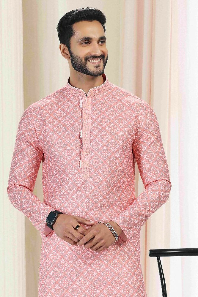 Raivat Ethnic Cotton Thread Work Kurta Pajama In Orange Colour - Dista