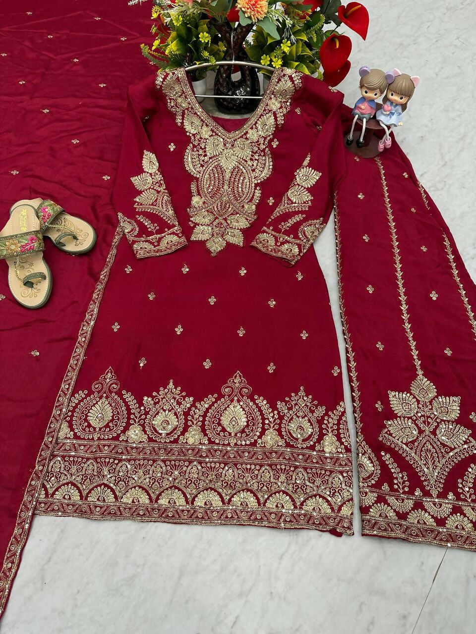 Teeya Creation Womens New Wedding Wear Heavy Embroidery Thread Work Maroon Kurta Set - Dista