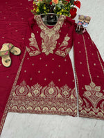 Thumbnail for Teeya Creation Womens New Wedding Wear Heavy Embroidery Thread Work Maroon Kurta Set - Dista