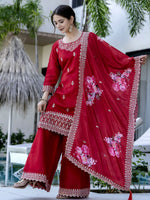 Thumbnail for The52 Red Women's Gorgeous Embroidered Vichitra Silk Fabric Straight Kurta, Sharara and Dupatta Set - Distacart
