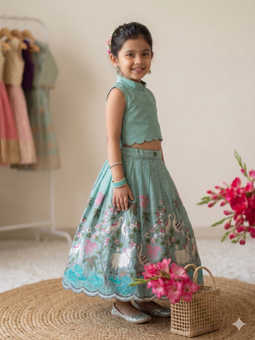 Teeya Creation New Girls Sky Blue Pichwai Embroidered Lehenga Choli Set-Blue - Dista