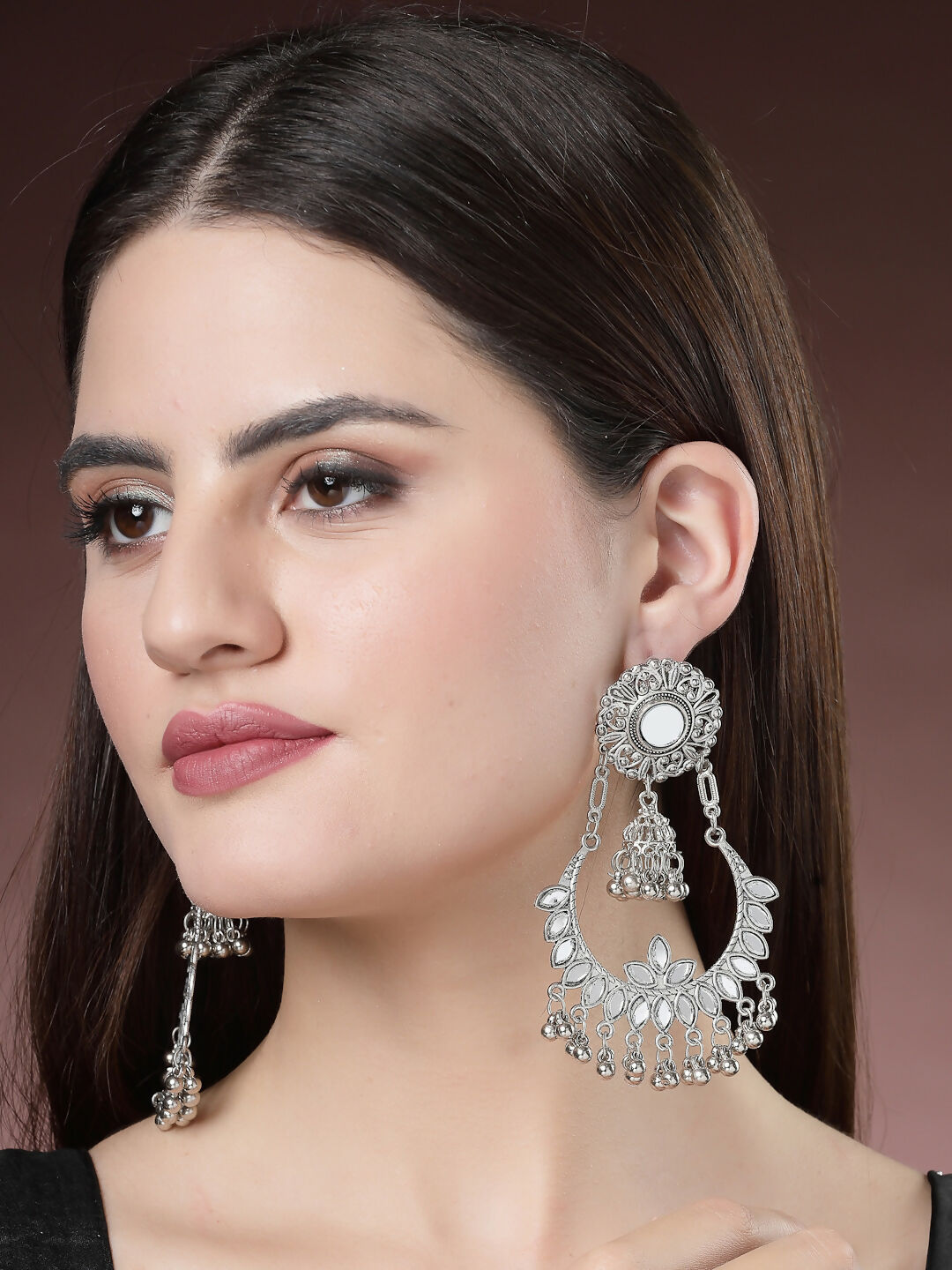 NVR Women's Silver-Plated Mirror Work Oxidised Chandbali Earrings - Distacart