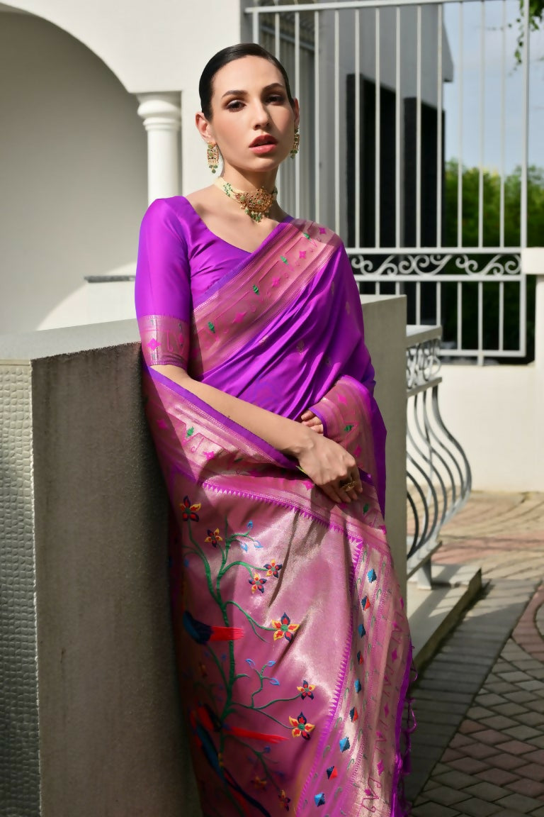 Vishnu Weaves Women's Purple Paithani Silk Zari Woven Saree with Blouse
