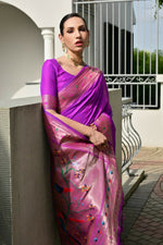 Thumbnail for Vishnu Weaves Women's Purple Paithani Silk Zari Woven Saree with Blouse