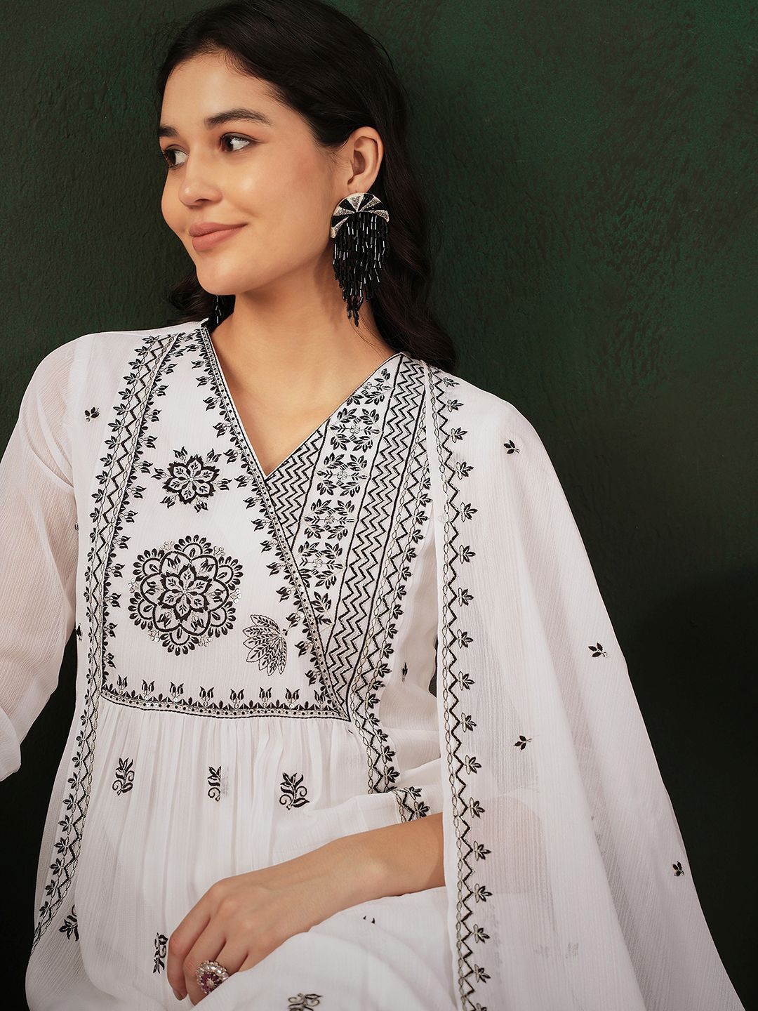 Sangria Floral Embroidered A Line Kurta With Trouser & Dupatta - Distacart