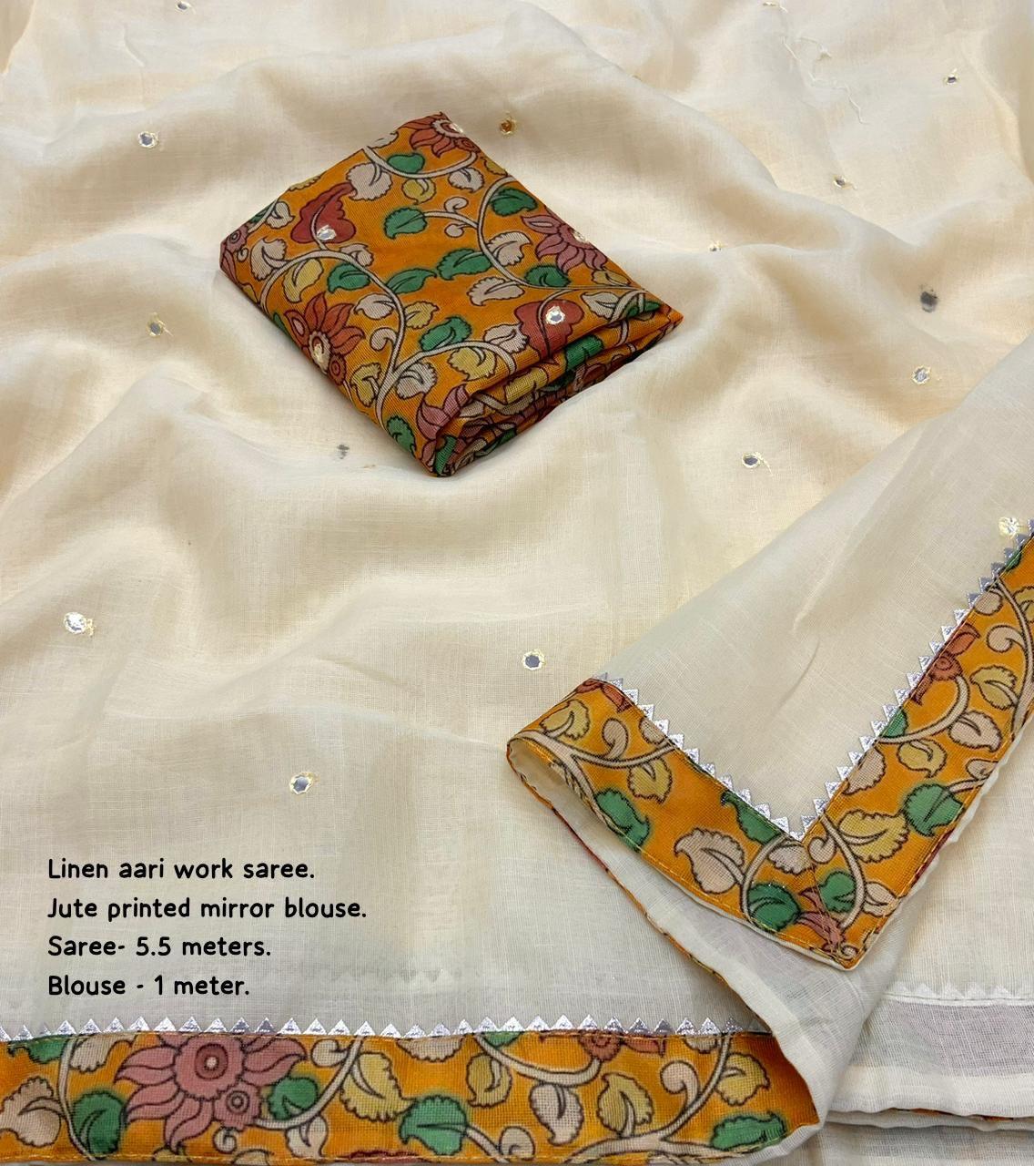 Yellow Pure Linen Ethnic Motifs Saree with Unstitched Blouse - Hiral Fashion - Distacart