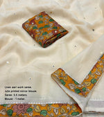 Thumbnail for Yellow Pure Linen Ethnic Motifs Saree with Unstitched Blouse - A2M