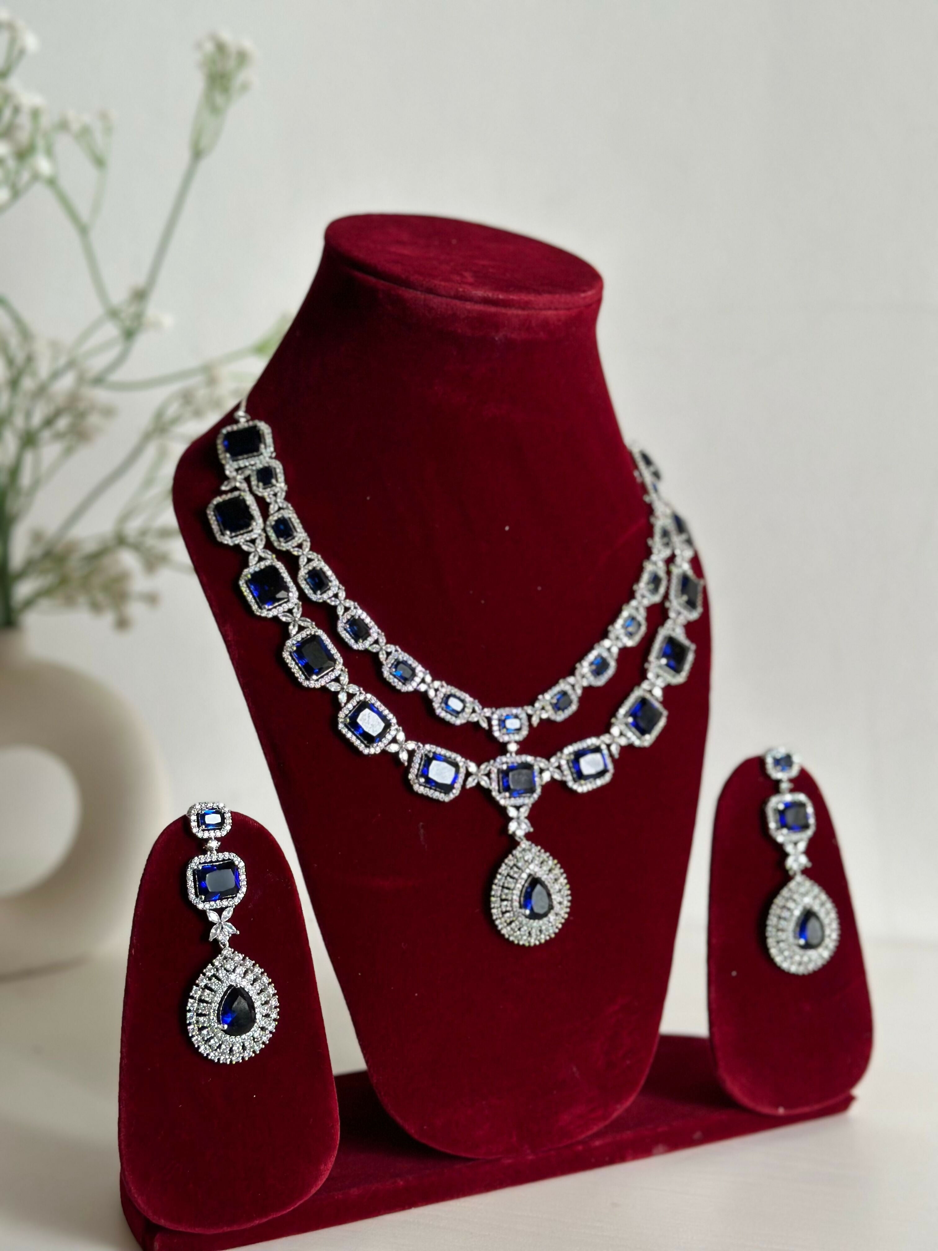 Royal Blue American Diamond Two Layer Elegent Necklace Set With Earrings By House of Ree - Distacart