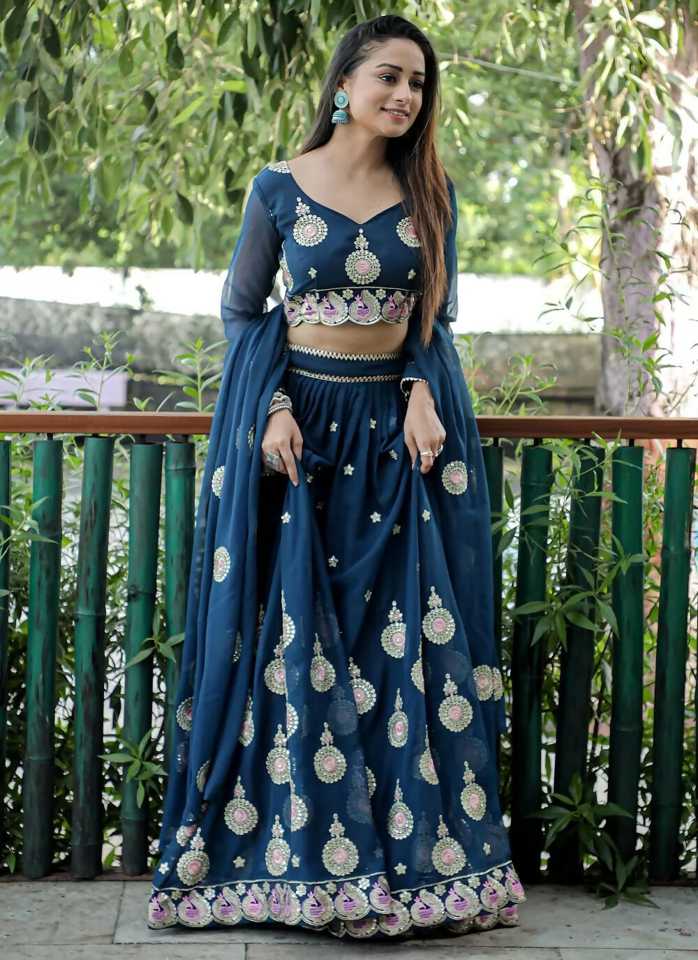 Jyoti Fashion Blue Sequence with Thread Zari Embroidery Georgette Lehenga Choli with Dupatta - Distacart