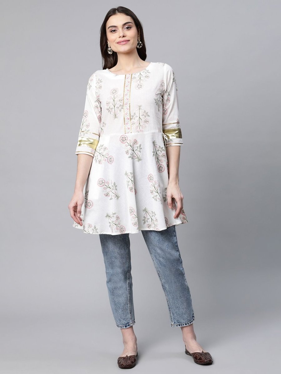 Ahalyaa Women Off White Pure Cotton Floral Printed Tunic - Distacart