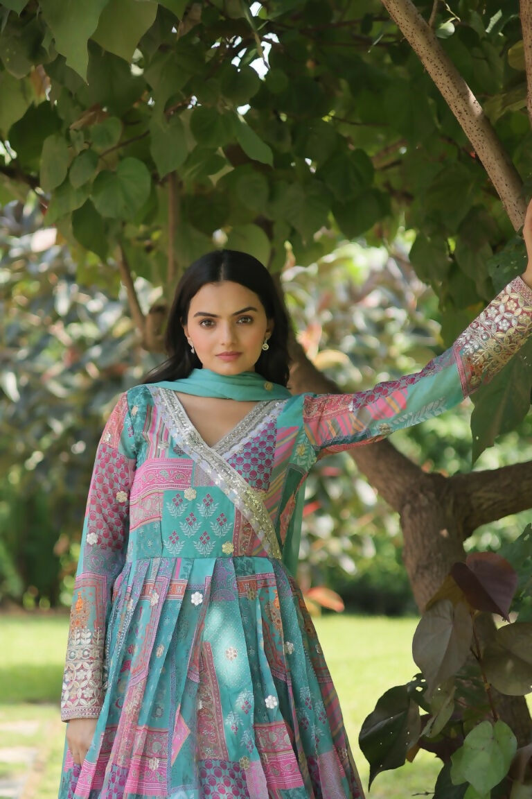 Jyoti Fashion Women's Sky Blue Russian Silk Digital Print with Embroidered Anarkali Dress with Dupatta - Distacart