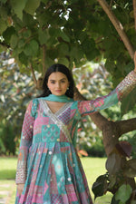 Thumbnail for Jyoti Fashion Women's Sky Blue Russian Silk Digital Print with Embroidered Anarkali Dress with Dupatta - Distacart