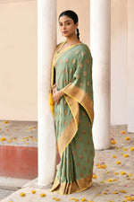 Thumbnail for Joban Fashion Grass Green Crepe Chiffon Pure Handloom Banarasi Silk Saree