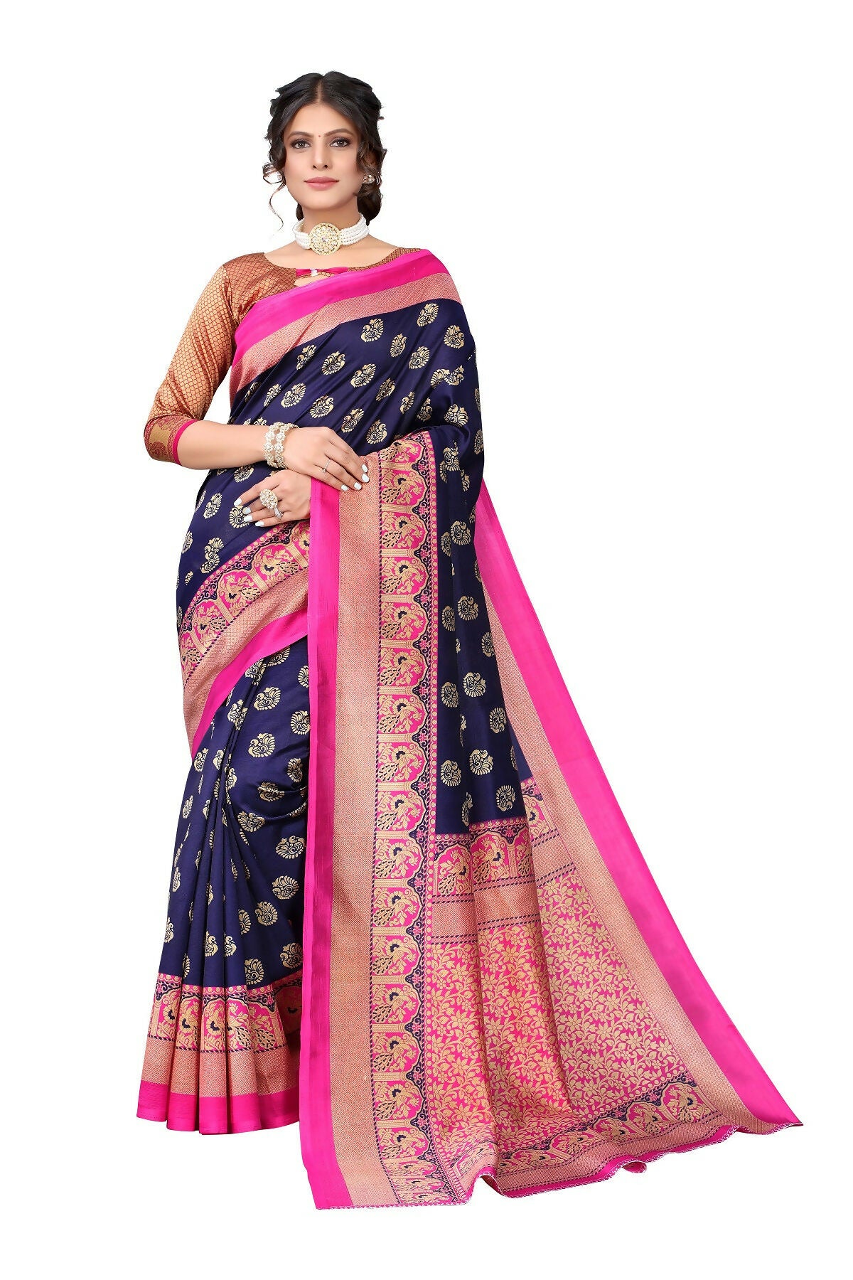 Vamika Navy Blue Printed Art Silk Saree - Distacart