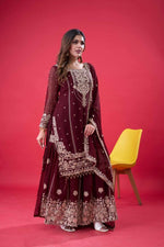 Thumbnail for Teeya Creation Maroon Color Faux georgette Embroidery Work Sharara Set