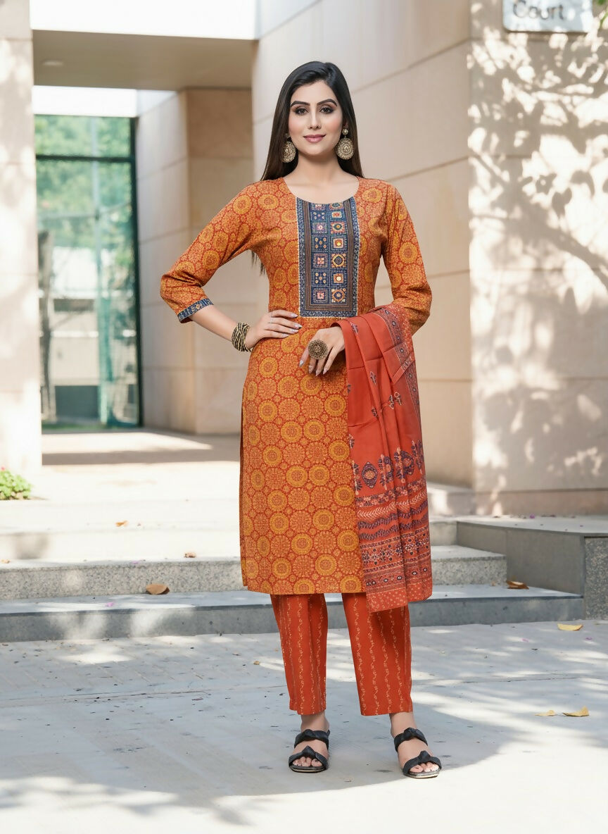 BulBul Aaliya Rust Cotton Kurta Set with Dupatta