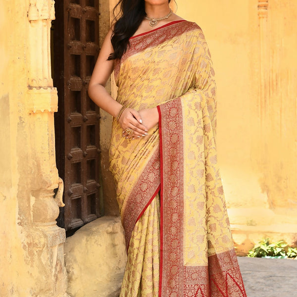 Joban Fashion Yellow Crepe Chiffon Pure Handloom Banarasi Silk Saree