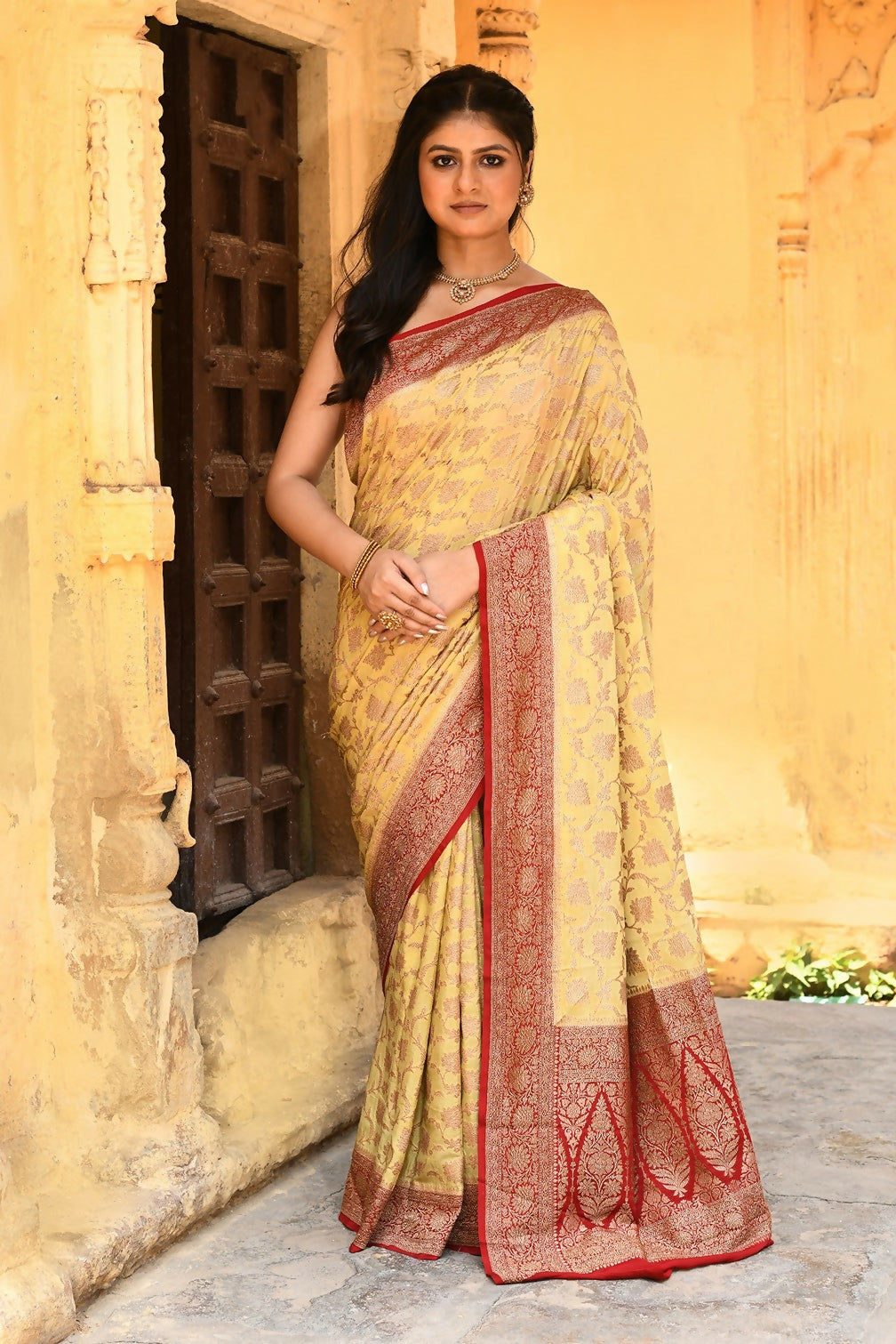 Joban Fashion Yellow Crepe Chiffon Pure Handloom Banarasi Silk Saree - Dista