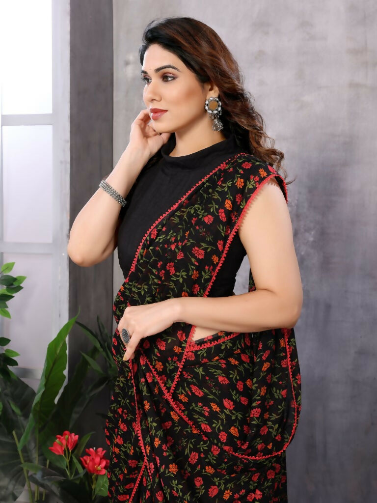 Partywear Designer Black & Red Georgette Fancy Saree - Satrangi - Distacart