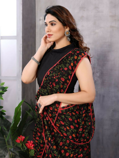 Partywear Designer Black & Red Georgette Fancy Saree - Satrangi - Distacart