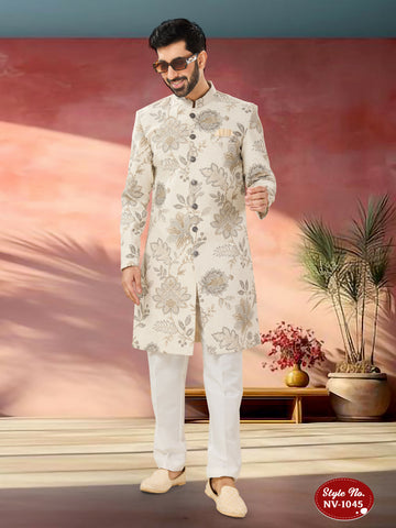 Joban Fashion Men's Beige Base Straight Swed Velvet Self-Design In Fabric Indo-Western Kurta Set - Distacart