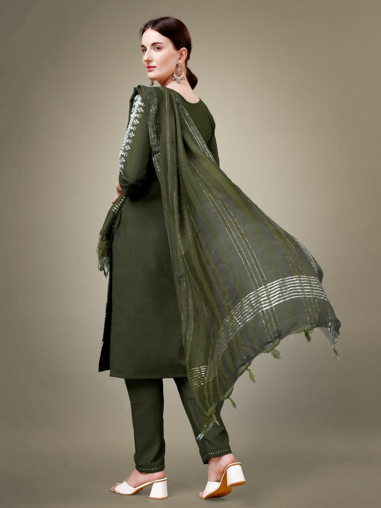 Jyoti Fashion Women's Dark Green Cotton Blend Embroidery & Sequence work Kurta with Trouser & Dupatta - Distacart