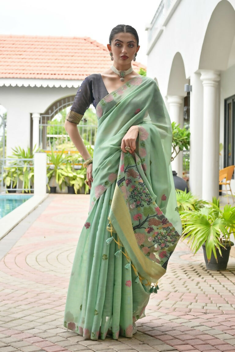 Vishnu Weaves Women's Sea-Green Muga Cotton Thread Weaving Saree with Blouse