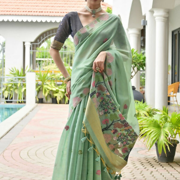 Vishnu Weaves Women's Sea-Green Muga Cotton Thread Weaving Saree with Blouse
