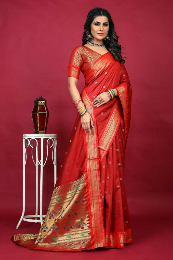 Jyoti Fashion Women's Red Paithani Silk Zari Woven Saree with Blouse - Distacart