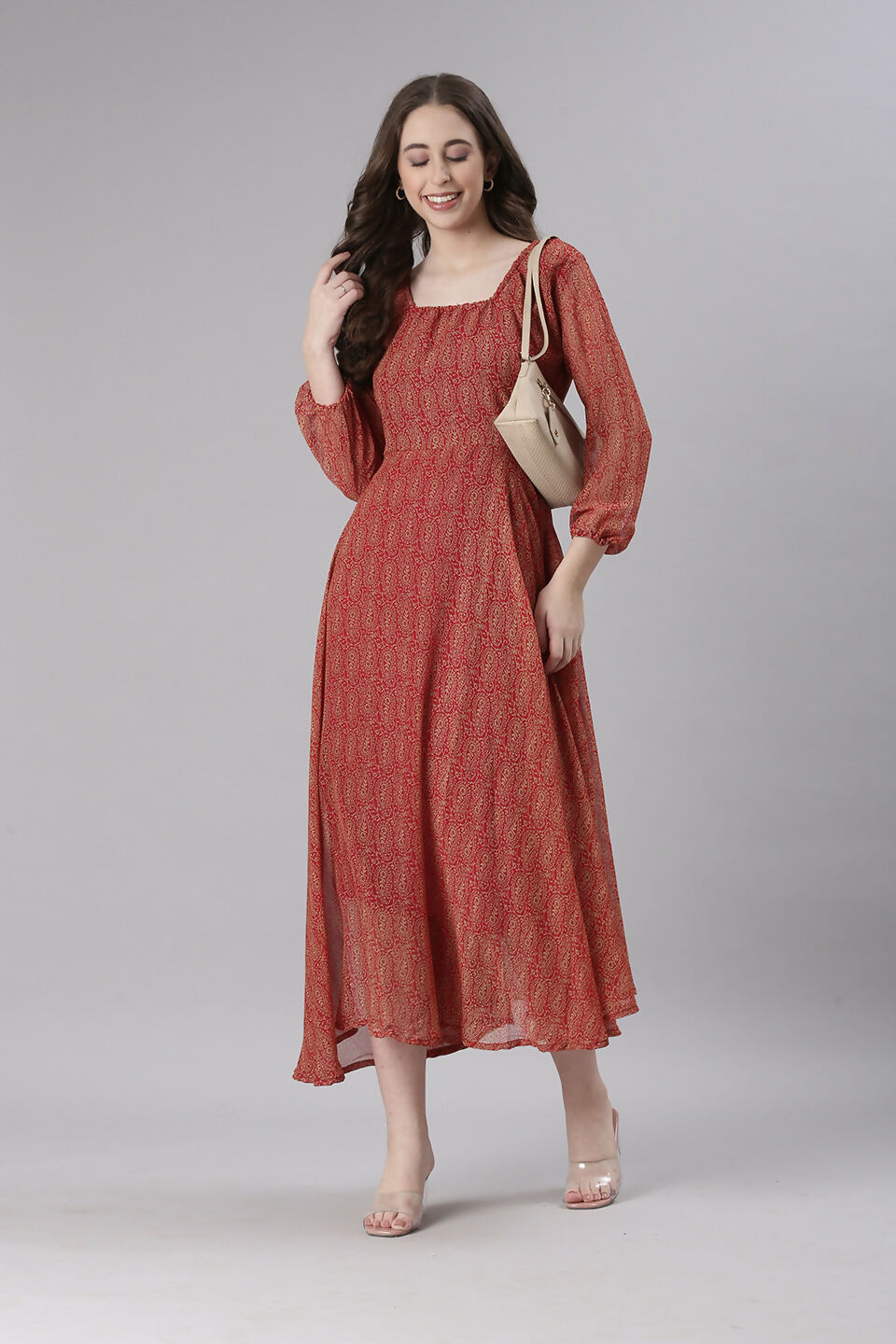 Souchii Rust Orange Printed Fit & Flare Dress