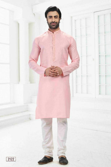 Raivat Ethnic Linen Cotton Thread Work Kurta Pajama In Pink Colour - Dista