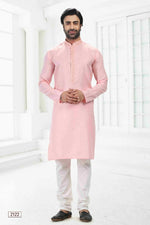 Thumbnail for Raivat Ethnic Linen Cotton Thread Work Kurta Pajama In Pink Colour - Dista