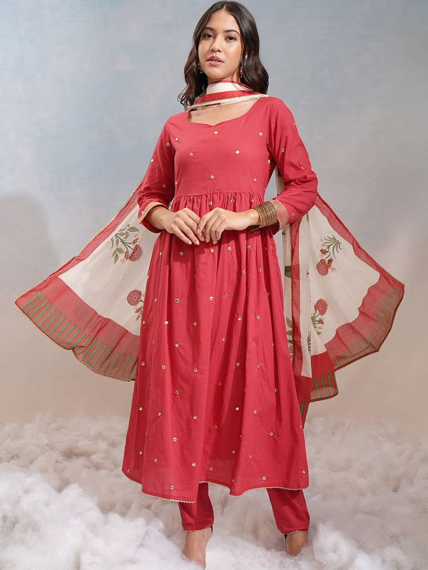 Vishudh Embroidered Thread Work Pure Cotton Kurta with Trousers & Dupatta