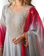 Thumbnail for The52 Women's Beautiful Chinon silk Fabric Embroidery Work Straight Kurta Palazzo and Dupatta Set - Distacart